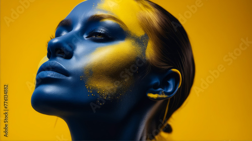 A woman with blue and yellow face paint. The blue and yellow colors are contrasting and create a bold, eye-catching look. The woman's face is the main focus of the image
