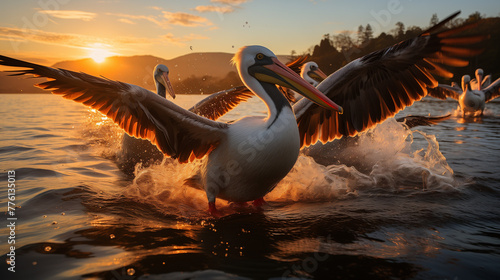 pelican in flight at sunset photo