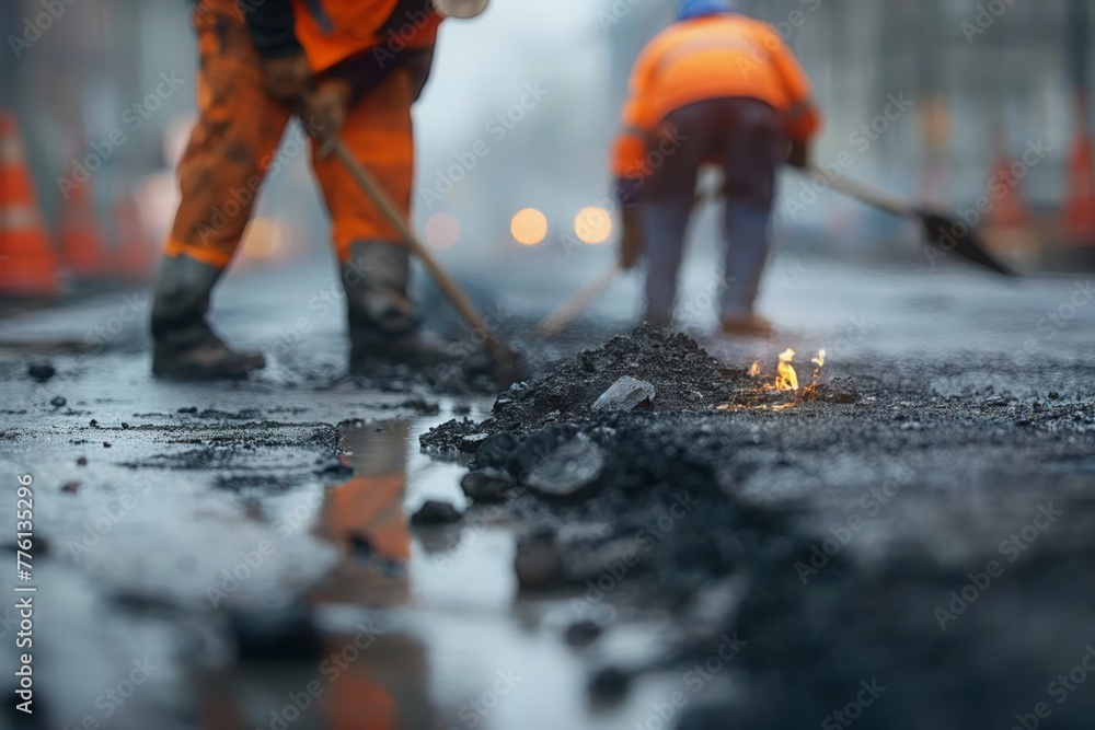 Construction Worker during Asphalting Road Works. repair and reconstruction of asphalt. eliminating holes and damage. city workers against the backdrop of city houses laying new asphalt at sunset Construction Worker during Asphalting Road Works. repair and reconstruction of asphalt. eliminating holes and damage. city workers against the backdrop of city houses laying new asphalt at sunset