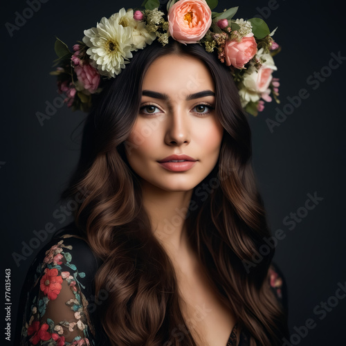 A woman with long brown hair and a floral headband. She is wearing a black dress with a floral print