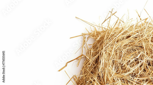 Hay bale with some straw against white background with space for text.
