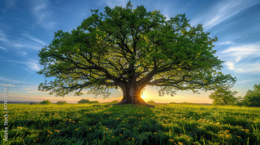 Sunburst through a Grand Oak Tree, Idyllic Summer Field