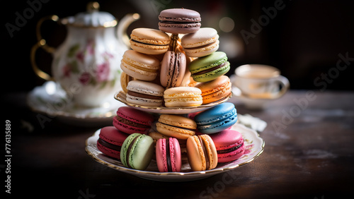 Traditional French colorful assorted macarons on stand. A wooden table with a dark background. © Stewart Bruce