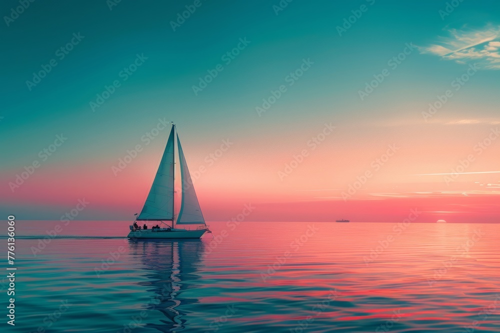 Serene sailboat at sunset, tranquil sea with vibrant skies, ideal for travel and leisure themes

