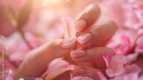 Glamour woman hand with color nail polish manicure on fingers, touching light flower petals, close up for cosmetic advertising, feminine product, romantic atmosphere use.