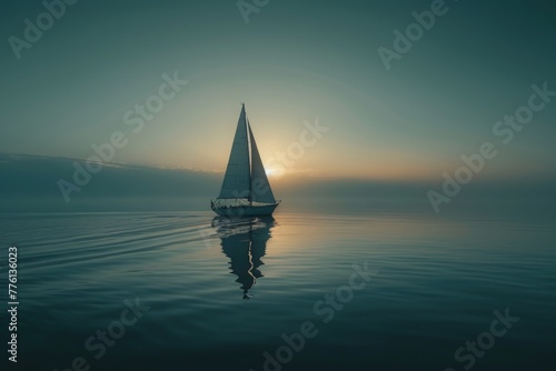 Minimalist sailboat in misty dawn, reflective water creates a meditative and moody atmosphere