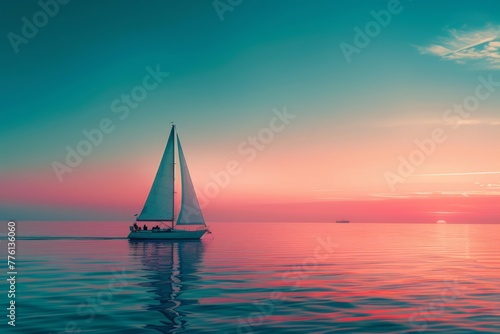 Serene sailboat at sunset, tranquil sea with vibrant skies, ideal for travel and leisure themes