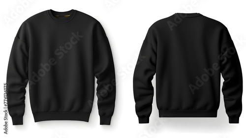 Black color crew neck blank template front and back view isolated on white background. sweatshirt  mock up