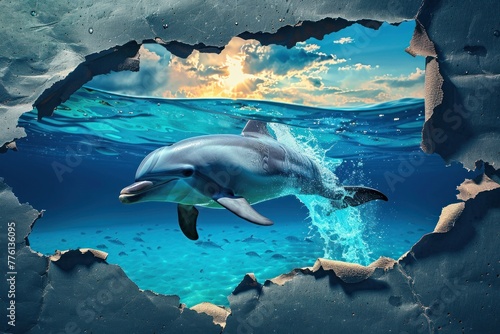 This artwork shows a dolphin soaring upwards with a stunning sunset in the backdrop photo