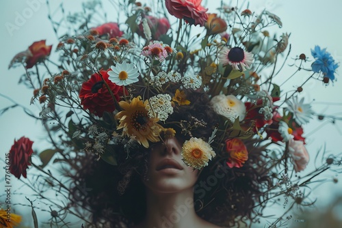 Woman with a crown of wildflowers evokes enchantment and connection to nature.

