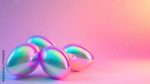 Holographic metallic painted Easter eggs on gradient background with copy space, vivid colorful Easter banner