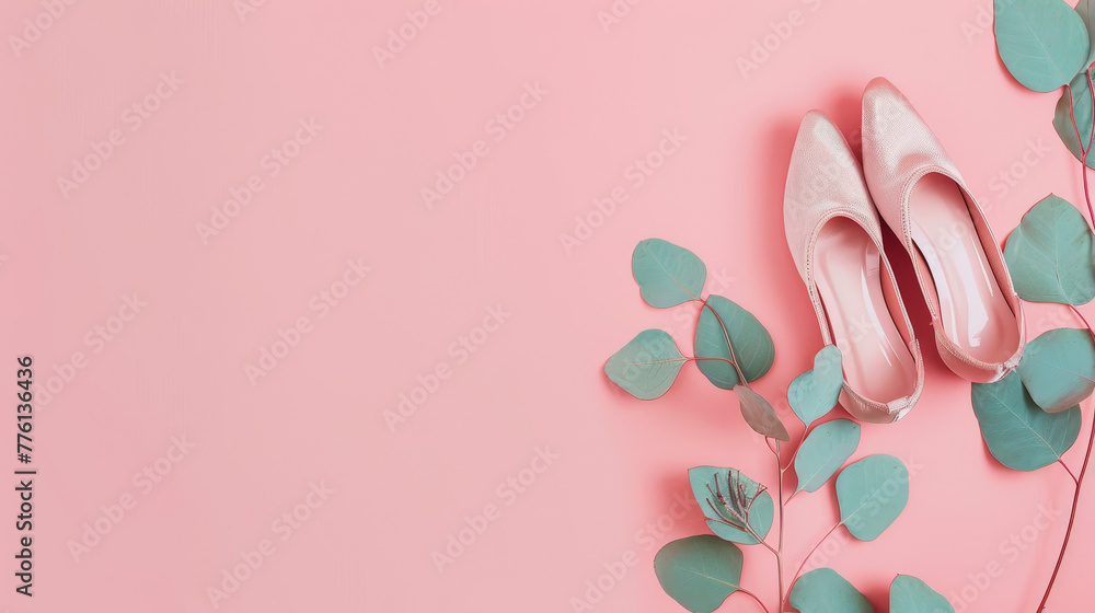 Ballet shoes with eucalyptus on pink.