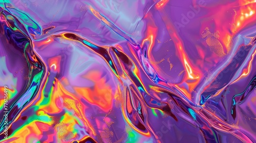 Modern bright neon purple, green, orange colored metallic psychedelic optimistic holographic foil texture. Abstract holographic background 80s, 90s, 2000s style. psychedelic retro futurism panorama.