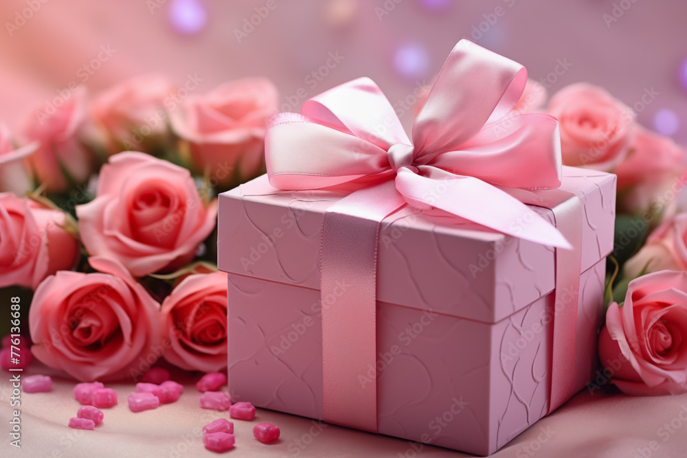 A pink box with a pink ribbon sits on a table with a bunch of pink roses A pink box with a pink ribbon sits on a table with a bunch of pink roses