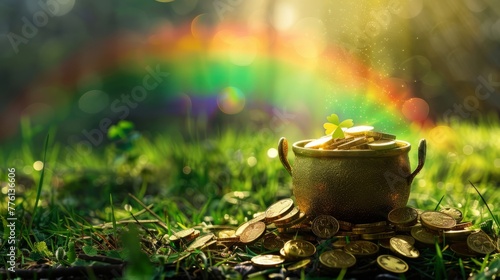 Saint Patrick's Day and Leprechaun's pot of gold coins concept with a rainbow indicating where the leprechaun hid treasure on green with copy space. St Patrick is the patron saint of Ireland backdrop.
