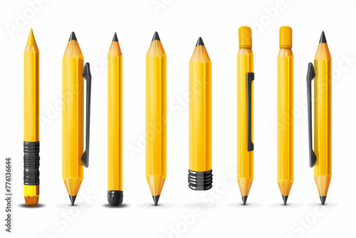 Set of yellow Pencils in various conditions. Straight, bended, knotted, broken and short pencil. Back to school, teacher's day concept. Design templates. Hand drawn Vector photo