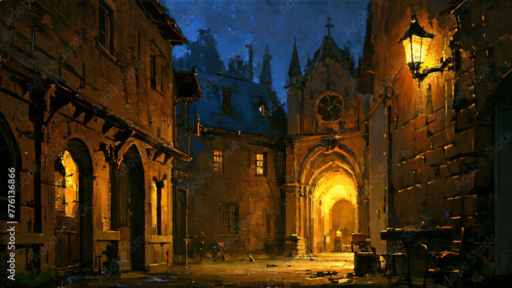 Scene of medieval urban fantasy, Digital art painting, loosely speed painting. Scene of medieval urban fantasy, Digital art painting, loosely speed painting.