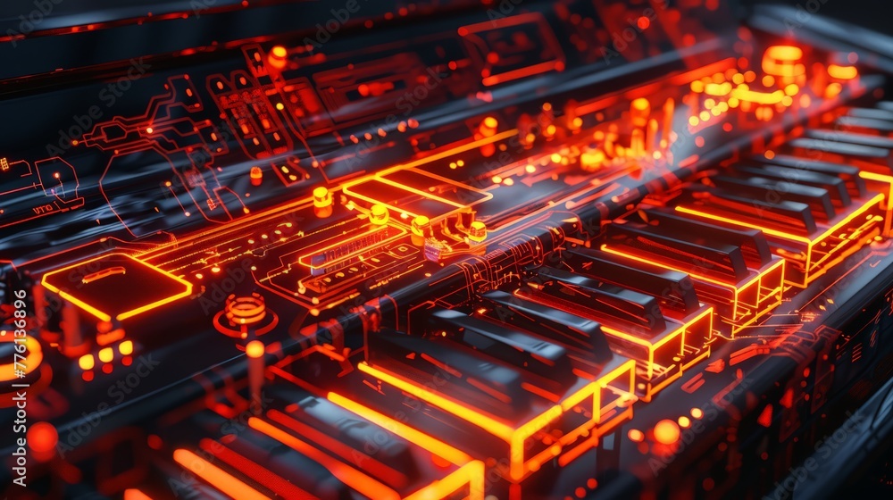 Futuristic digital piano with glowing orange and red circuitry - obrazy, fototapety, plakaty 