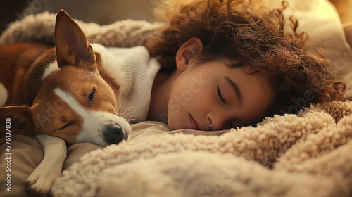 A serene moment as a woman sleeps soundly alongside her loyal Basenji dog, showcasing a bond of trust and companionship photo