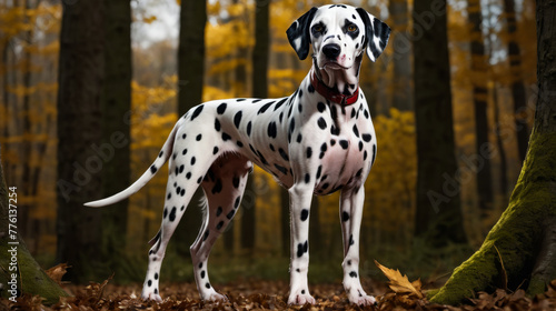 Dalmatian dog standing in forested area with autumn leaves on the ground.