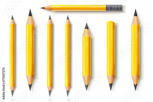 Set of yellow Pencils in various conditions. Straight, bended, knotted, broken and short pencil. Back to school, teacher's day concept. Design templates. Hand drawn Vector photo