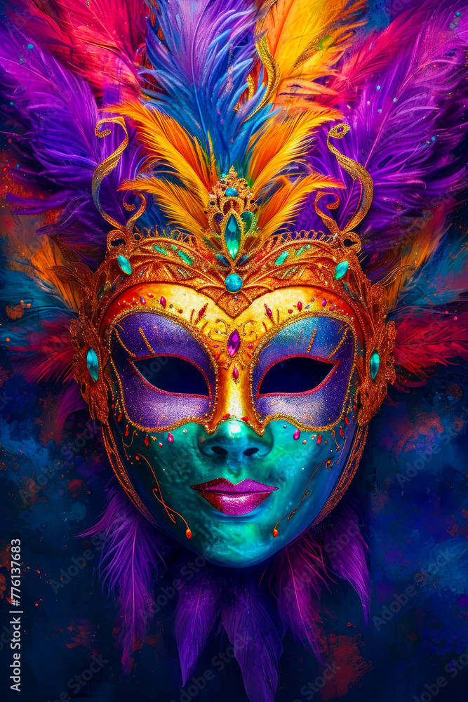 Colorful and intricately painted mask with blue gold purple and green colors.