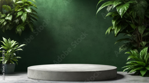 White circular platform is surrounded by green walls and potted plant on each side creating aesthetically pleasing environment.