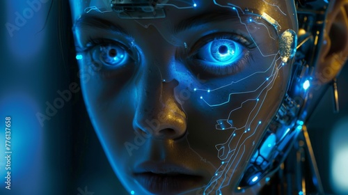 A close-up portrait of a female android with visible circuitry and glowing blue eyes  suggesting advanced technology.
