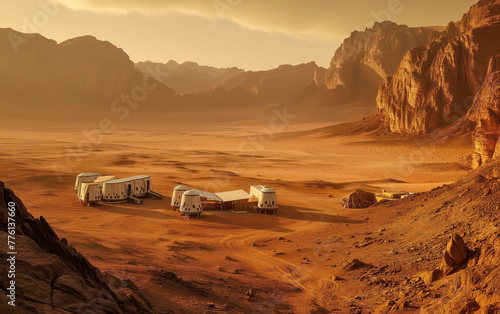 scene of the future settlement of astronauts on Mars. alien station settlement in the desert.
