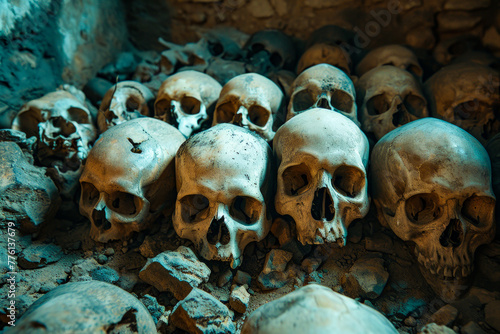 Pile of skulls with blue lighting that highlights their details.