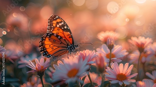 a beautiful butterfly flies over the beautiful pink flower, a beautiful garden. Generated AI.