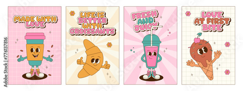 Fototapeta Naklejka Na Ścianę i Meble -  Collection of groovy posters and cards with dessert characters. Retro cartoon mascot set. Posters with lettering and phrases for bakery, cafe and delivery. Ice cream, soda, coffee, croissant.