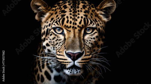 Close up of leopard's face showing its beautiful spots and striking blue eyes.