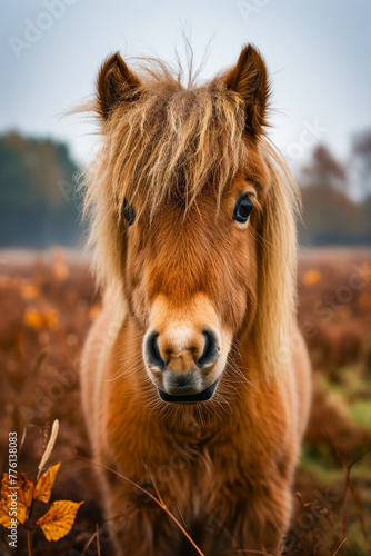 Small horse with very big mane stands in field of dried grass and weeds. © valentyn640