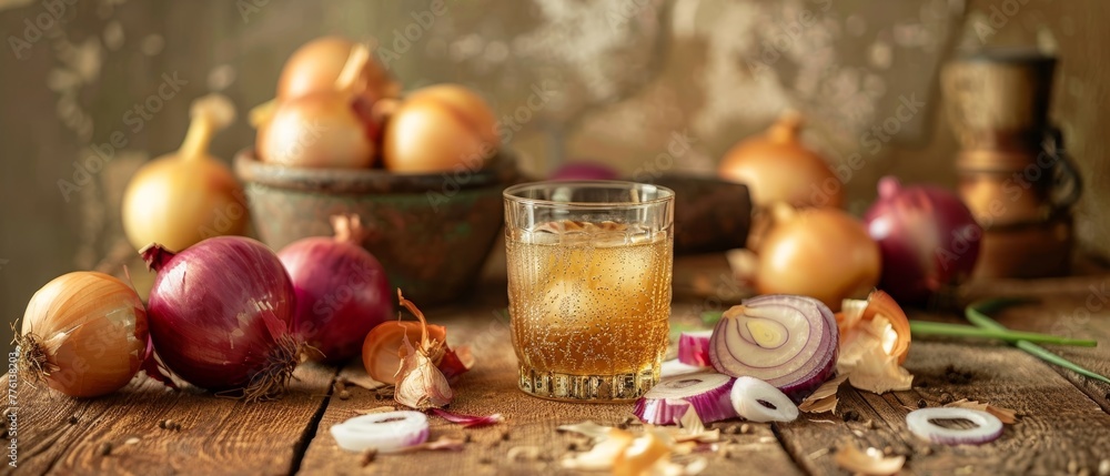 An elongated wooden kitchen board holds a glass of opaque onion drink amidst an array of onions and kitchen utensils.