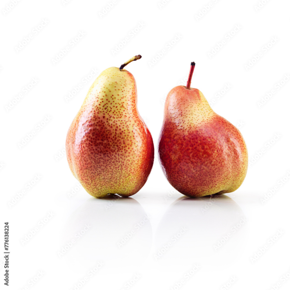 Still life, studio and pears or backdrop and alone for advertisement, fruit or food and wellness. Fresh produce, zoom and isolated on white background for health or red, natural or color and healthy Still life, studio and pears or backdrop and alone for advertisement, fruit or food and wellness. Fresh produce, zoom and isolated on white background for health or red, natural or color and healthy