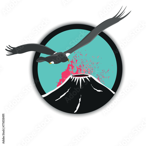 Big sea eagle flying and volcano, vector illustration flat style.	