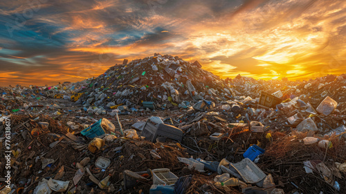Mountains of trash fill the landscape under a sunset sky, with a city skyline in the distance.