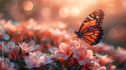 a beautiful butterfly flies over the beautiful pink flower, a beautiful garden. Generated AI. © Stallonechris