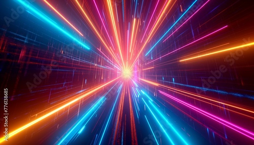 3d render, abstract multicolor spectrum background, bright orange blue neon rays and colorful glowing lines
