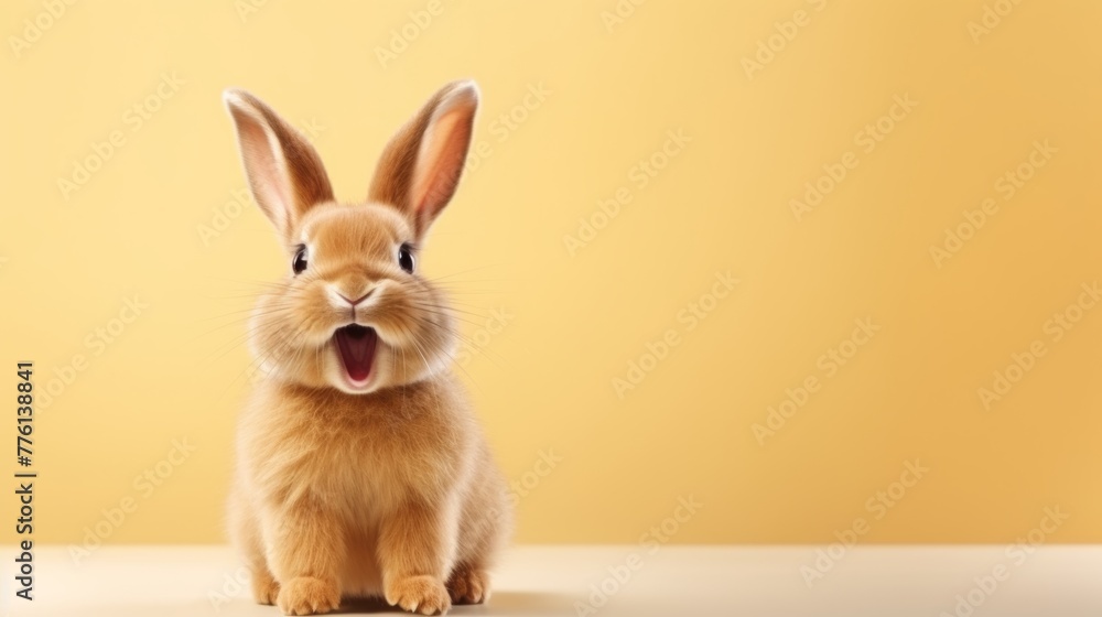 Obraz premium cute animal pet rabbit or bunny brown color smiling and laughing isolated with copy space for easter background, rabbit, animal, pet, cute, fur, ear, mammal, background, celebration, generate by AI