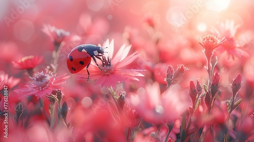 a beautiful ladybug flies over the beautiful pink flower, beautiful green garden. Generated AI.