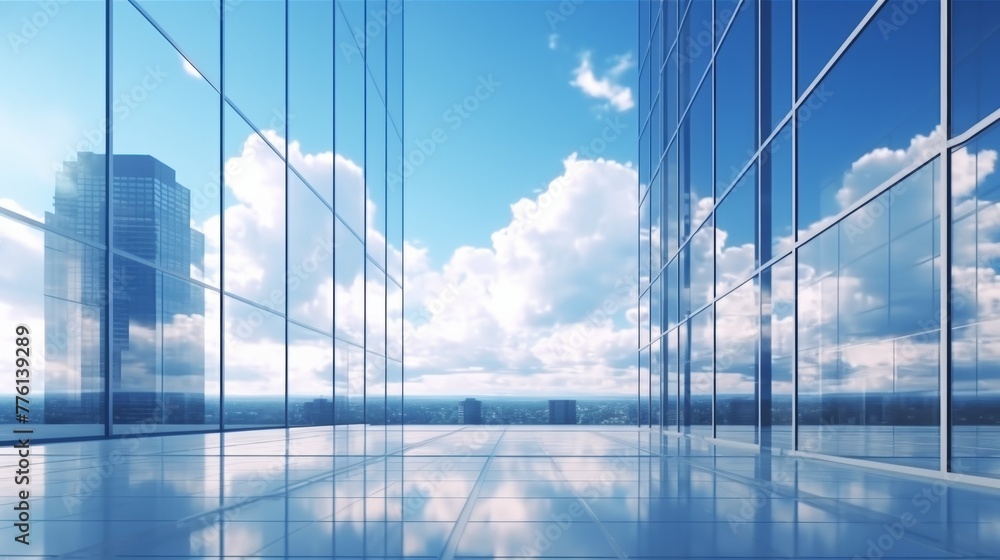 Modern office building or business center. High-rise window buildings made of glass reflect the clouds and the sunlight. empty street outside wall modernity civilization. growing up business Modern office building or business center. High-rise window buildings made of glass reflect the clouds and the sunlight. empty street outside wall modernity civilization. growing up business
