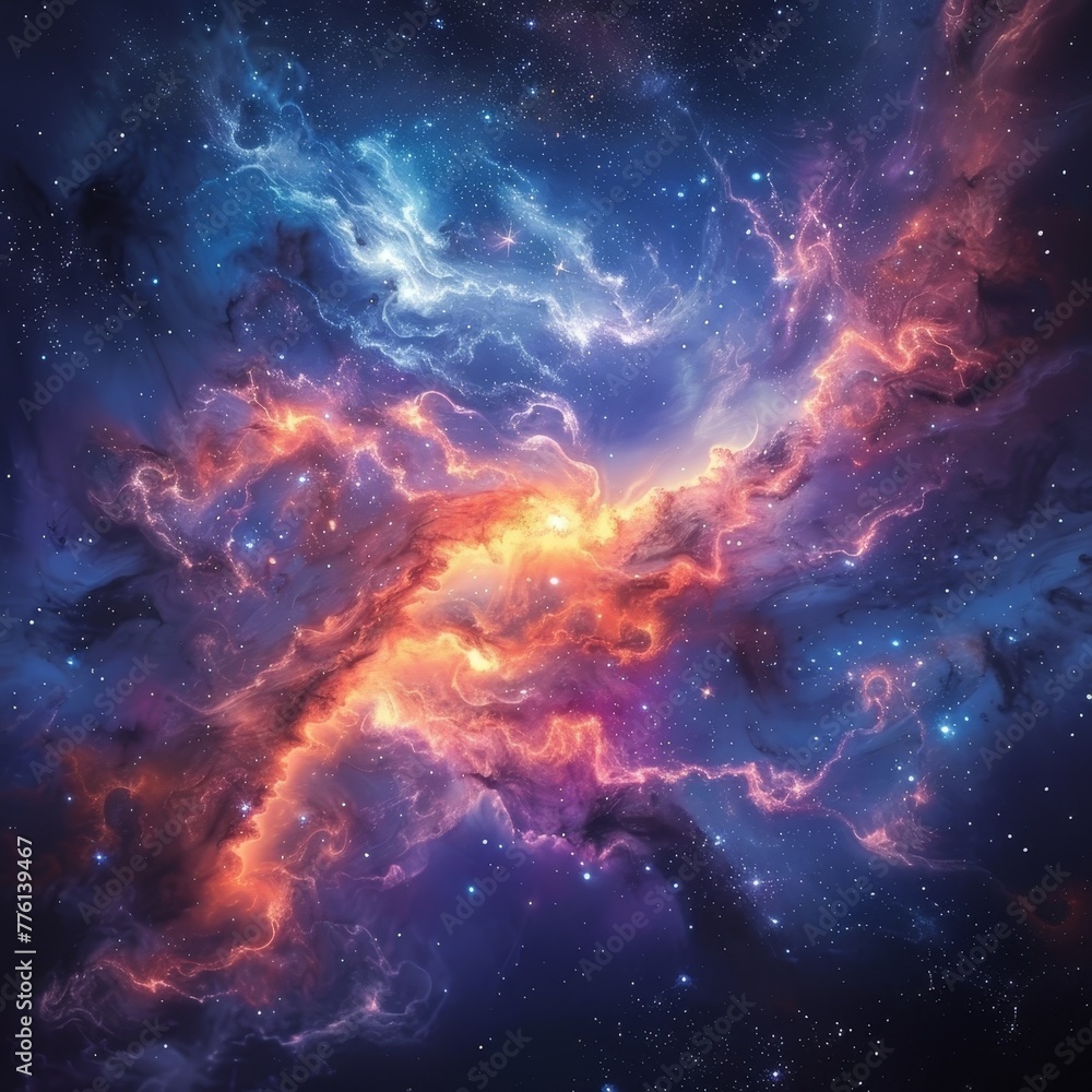 A cosmic spectacle displaying a vibrant nebula with fiery hues intertwined with the darkness of deep space.