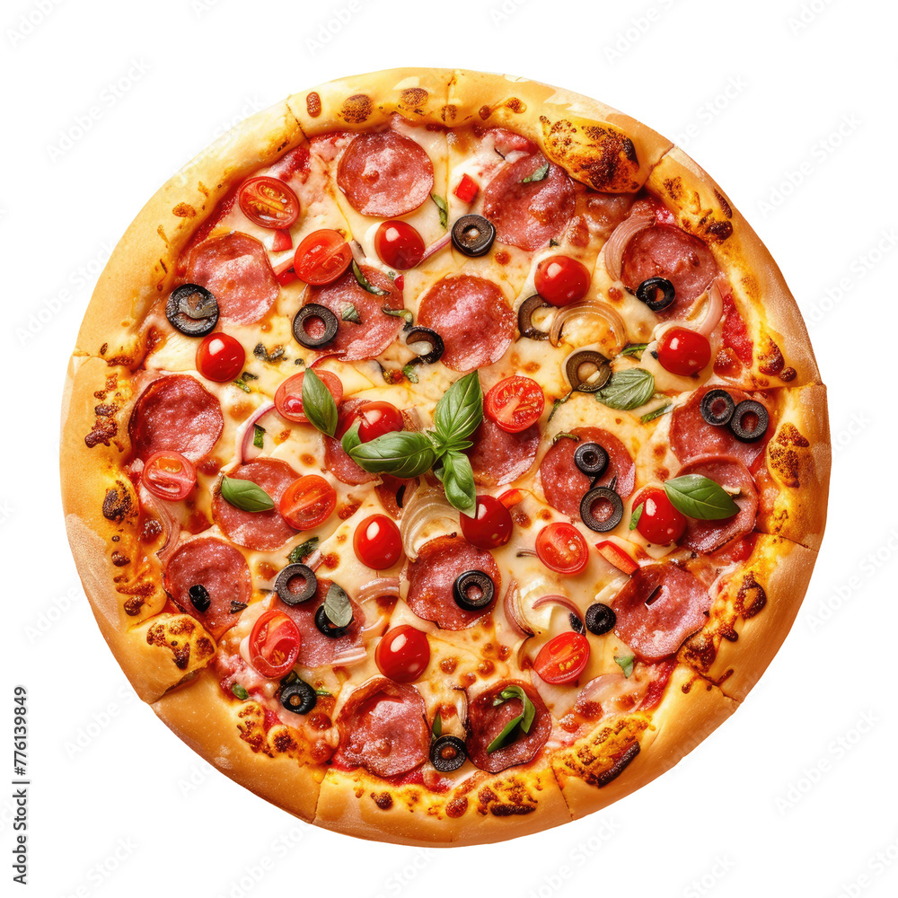 Close up of pizza with pepperoni, olives, and tomatoes Close up of pizza with pepperoni, olives, and tomatoes