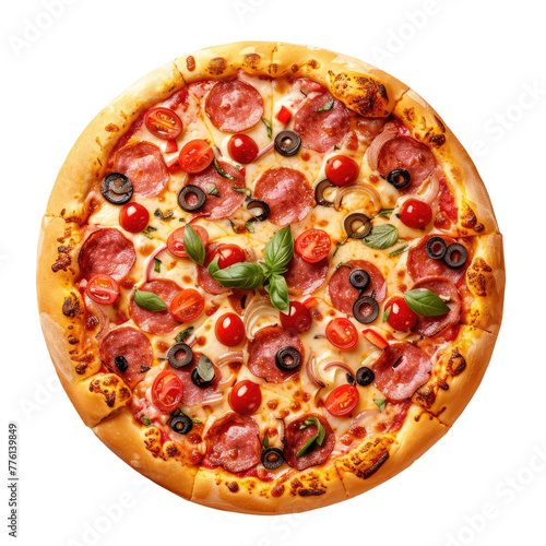 Close up of pizza with pepperoni, olives, and tomatoes