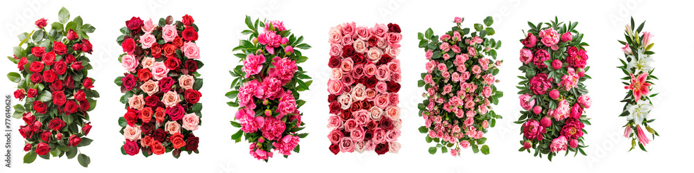 Five different floral arrangements spelling out the word 