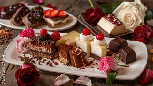 An exquisite dessert platter showcasing rich tiramisu  velvety cheesecake  and artisanal chocolates  accented by fresh rose flowers  creating a visual symphony of indulgence.