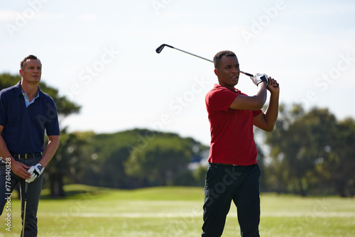 Friends, men and sport with golf swing for driver training on grass or lawn for recreation at country club. Golfer, Athlete and stroke practice for cardio exercise, hobby and fitness at green field