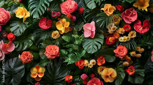A rich tapestry of colorful tropical flowers interwoven with lush green foliage, creating an opulent botanical display. © JackBoiler
